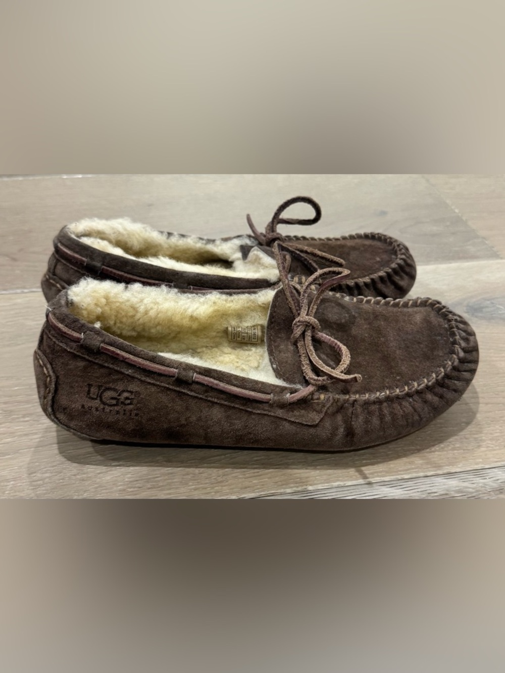 UGG Chocolate Brown Suede Shearling Moccasin Slippers